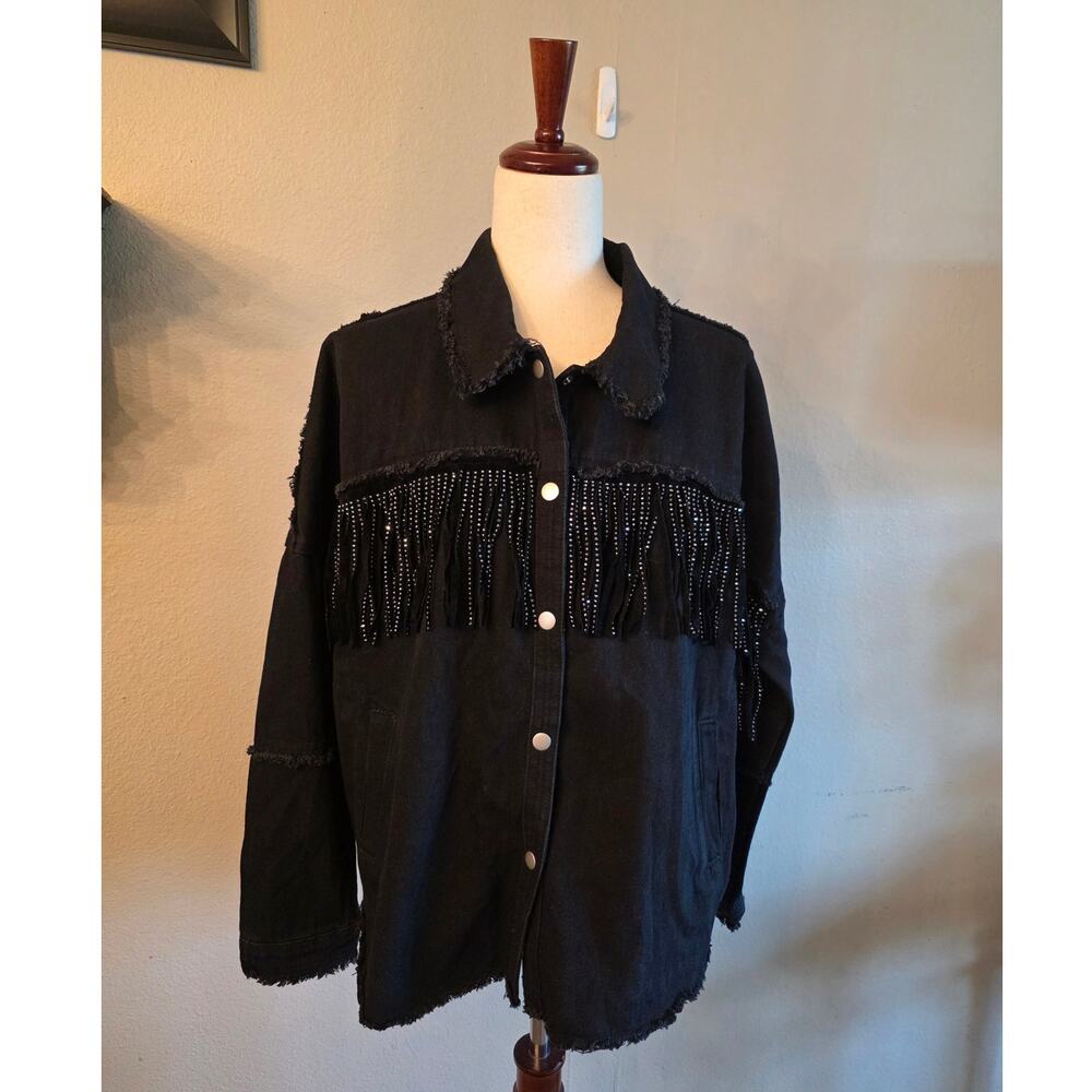 Le Lis Women's Black Denim Jacket SZ Medium Western Festival Fringe